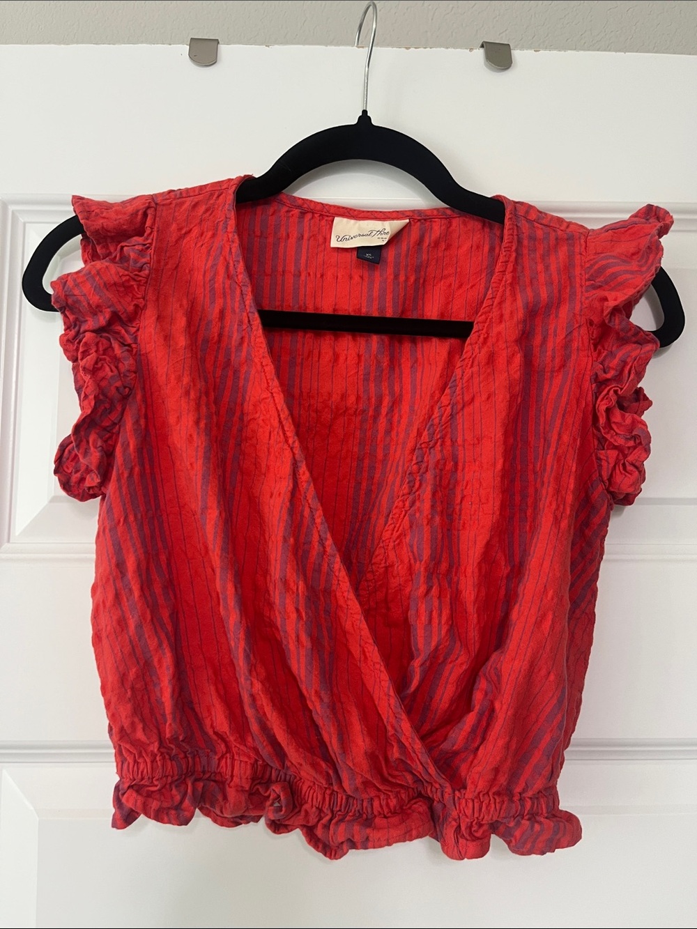 Universal Thread Red Striped Ruffle Sleeve Wrap Crop Top